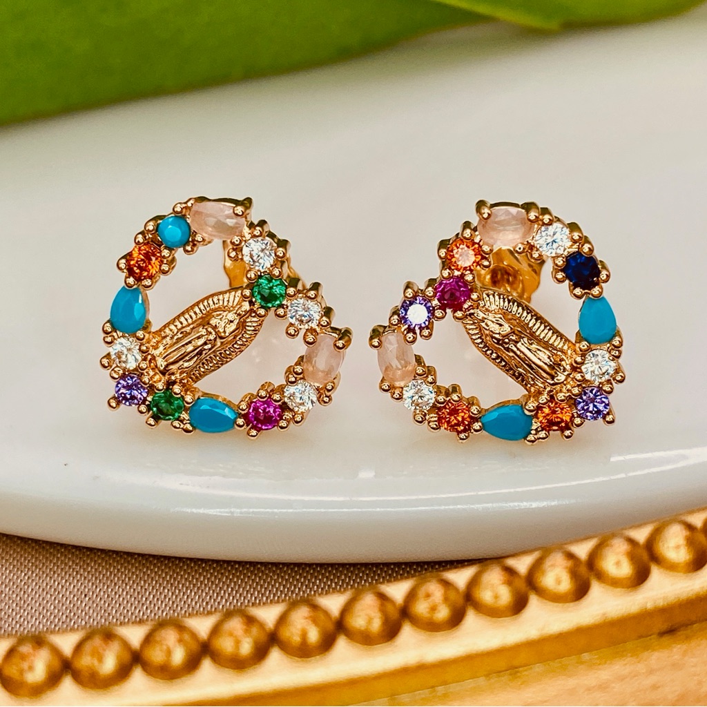 Beautiful Virgin Mary Colorful Diamond Cz Heart Shaped Stud Earrings In Gold